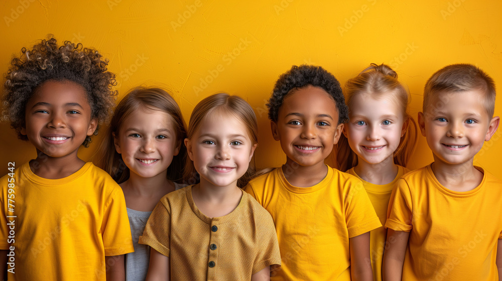 Group of diverse children smiling in yellow shirts against a yellow background. Group of diverse children smiling in yellow shirts against a yellow background.