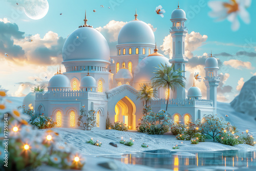 3D cartoon of a white mosque with white dome and spires surrounded by greenery, lanterns hanging from the roof. Created with Ai