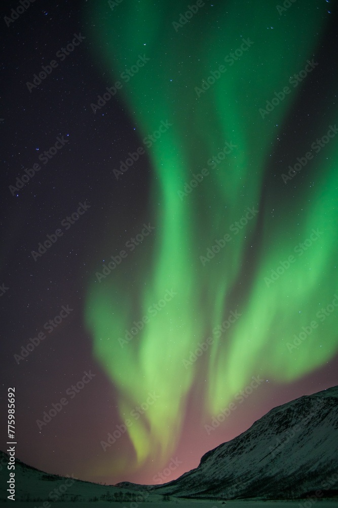 Vertical shot of bright green aurora northern lights over mountains in Norway