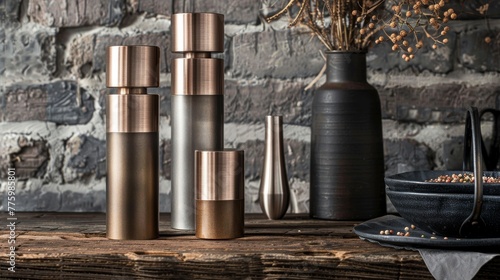 A pair of salt and pepper grinders, their sleek metallic finishes highlighted against a backdrop of rustic brick, blending modern design with traditional textures low texture photo