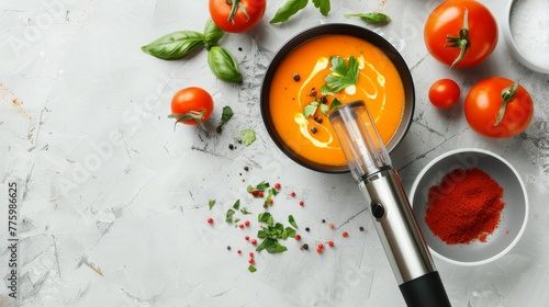 A highpowered immersion blender, its sleek form against a splash of vibrant soup, emphasizing power and the joy of making comfort food no dust photo