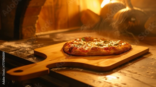 A handcrafted wooden pizza peel, its smooth surface holding a perfect pizza, set against a backdrop of glowing oven light, emphasizing the art of pizza making no dust photo