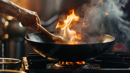 A durable nonstick wok, its surface shimmering against a high flame, emphasizing the dynamic art of stirfrying and the beauty of Asian cuisine low texture