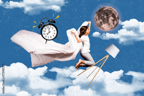 Composite image collage of happy little girl hold blanket bedding awake moon alarm lamp sleepwalker sky isolated on colorful background