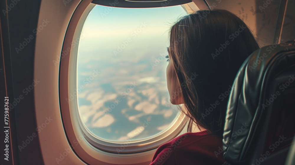 A girl peering through the window of a commercial airplane, exploring the scenic views from above