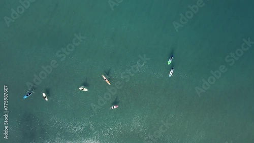 Wallpaper Mural Aerial view by drone of people practicing Stand Up Paddle or SUP in Mediterranean turquoise clear sea. Torontodigital.ca