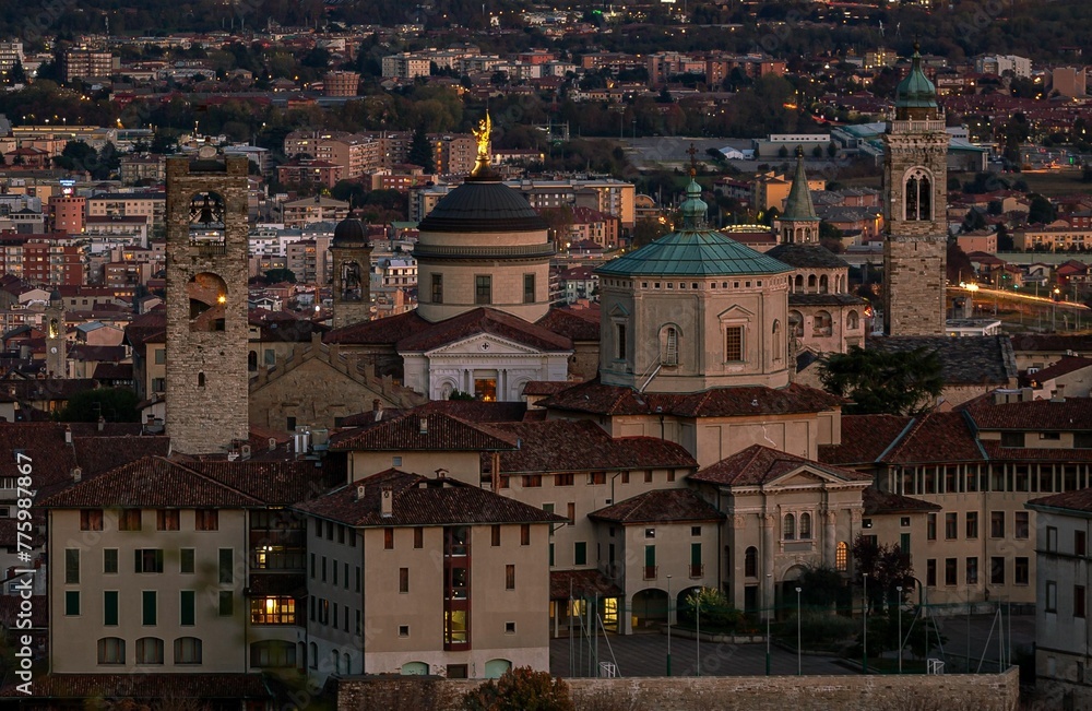 Landscape shot of the beautiful city of Bergamo, Italy, under the blue sky
