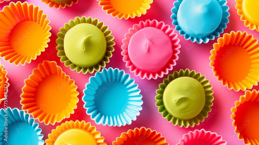 A colorful array of silicone cupcake liners, their bright patterns popping against a background of fluffy batter, highlighting playful baking and creative treats low texture A colorful array of silicone cupcake liners, their bright patterns popping against a background of fluffy batter, highlighting playful baking and creative treats low texture