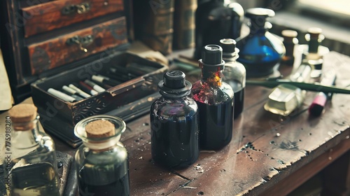 A collection of vintage ink bottles, their glass surfaces catching the light, set against an antique wooden desk, evoking a sense of history and the art of writing low noise