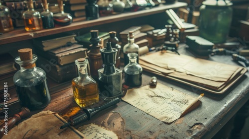 A collection of vintage ink bottles, their glass surfaces catching the light, set against an antique wooden desk, evoking a sense of history and the art of writing low noise