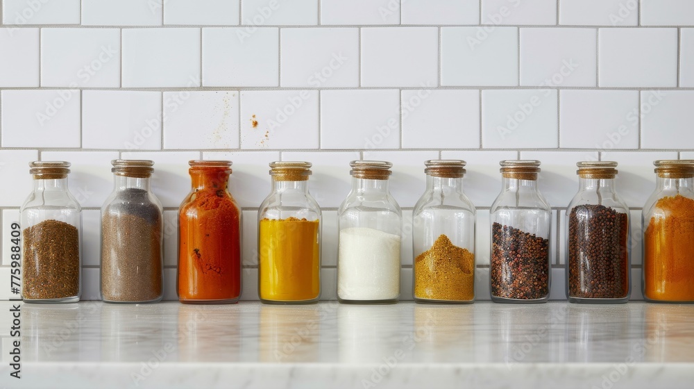 A collection of spice jars, their contents a spectrum of colors, set against a white tiled backdrop, highlighting the diversity and richness of flavors in cooking no splash
