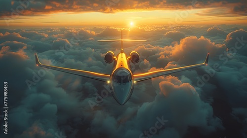 a private jet soaring high above the clouds, its sleek fuselage and polished exterior embodying the epitome of luxury and style, in cinematic 8k high resolution. photo