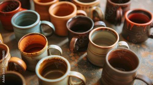 A collection of handmade pottery mugs, each unique, set against a backdrop of warm, earthy tones, highlighting craftsmanship and cozy mornings low texture