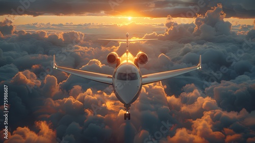 a private jet soaring high above the clouds, its sleek fuselage and polished exterior embodying the epitome of luxury and style, in cinematic 8k high resolution. photo
