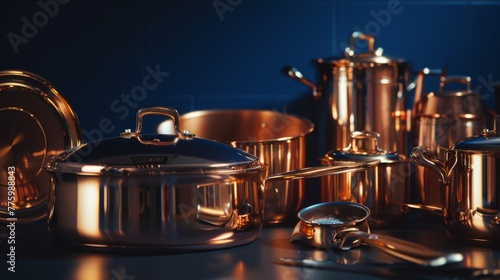 A collection of copper pots and pans, their warm glow set against a deep navy background, creating a luxurious and sophisticated kitchen scene low texture photo