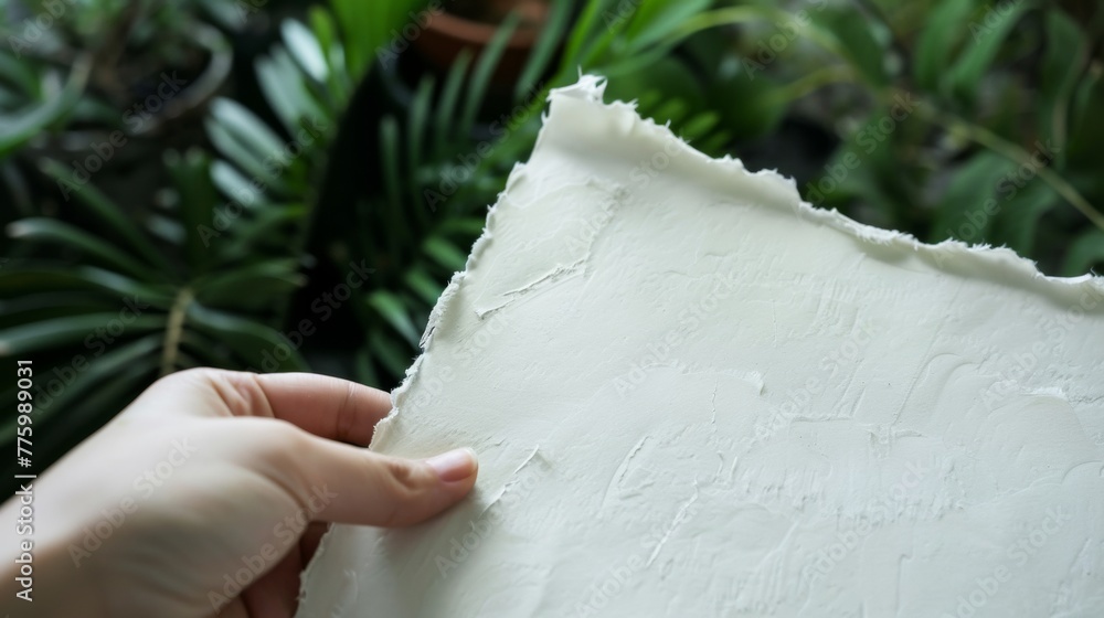 Handmade paper with deckled edges, each sheet unique, set against a ...