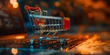 The Ease of Online Shopping Captured in a Miniature Shopping Cart Beside an Open Laptop