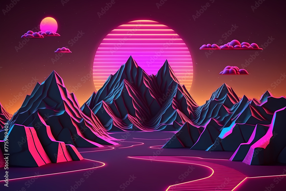 Neon sunset pink purple sun mountain landscape