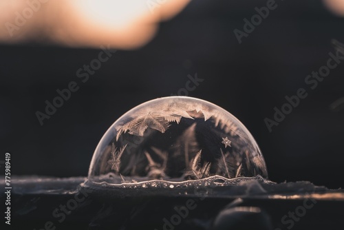 Closeup shot of a frozen soap bubble with ice crystals