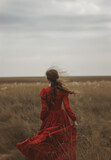 Pretty young historical wavy brunette haired woman from the 18th or 19th century wearing a red dress. Back view overlooking a prairie. Early american pioneer woman with long hair blowing in the wind.