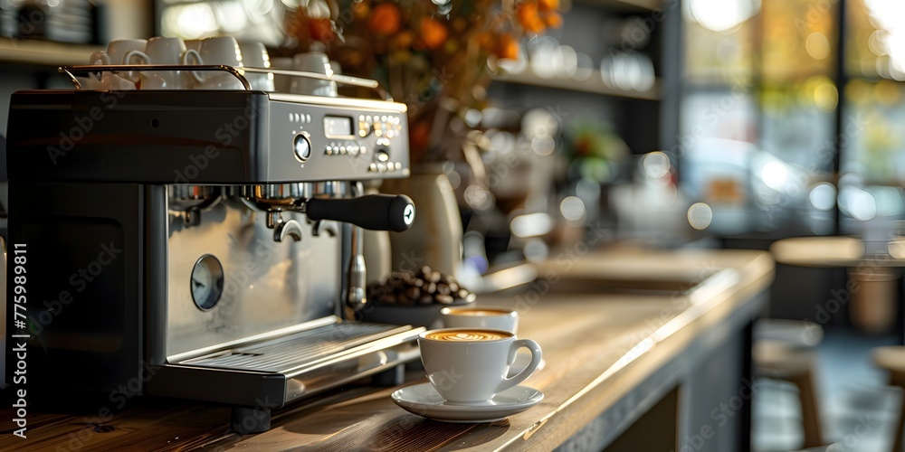 Fototapeta premium Modern Espresso Machine on Empty Wooden Table in Cozy Coffee Shop Interior