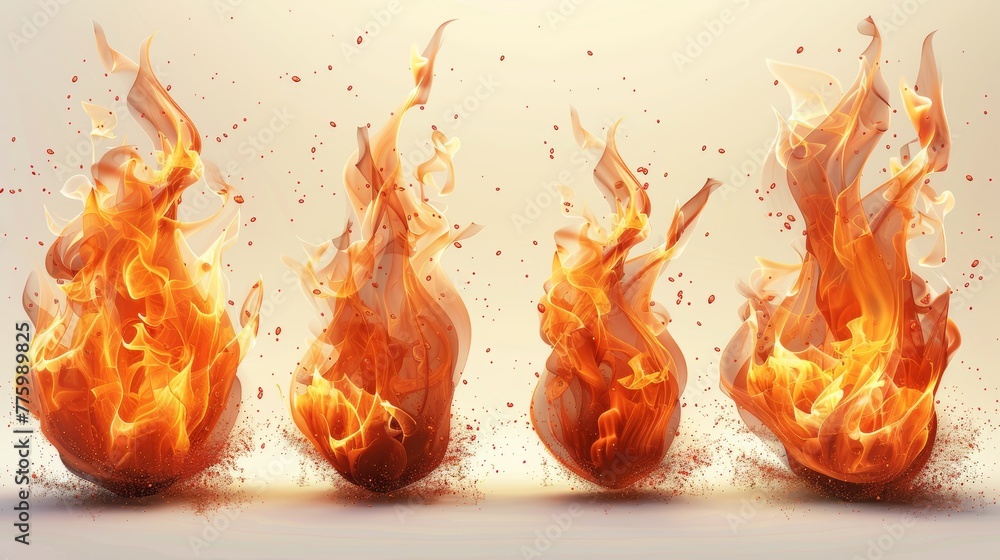 A set of 3d fire flame icons on white background with burning red hot ...