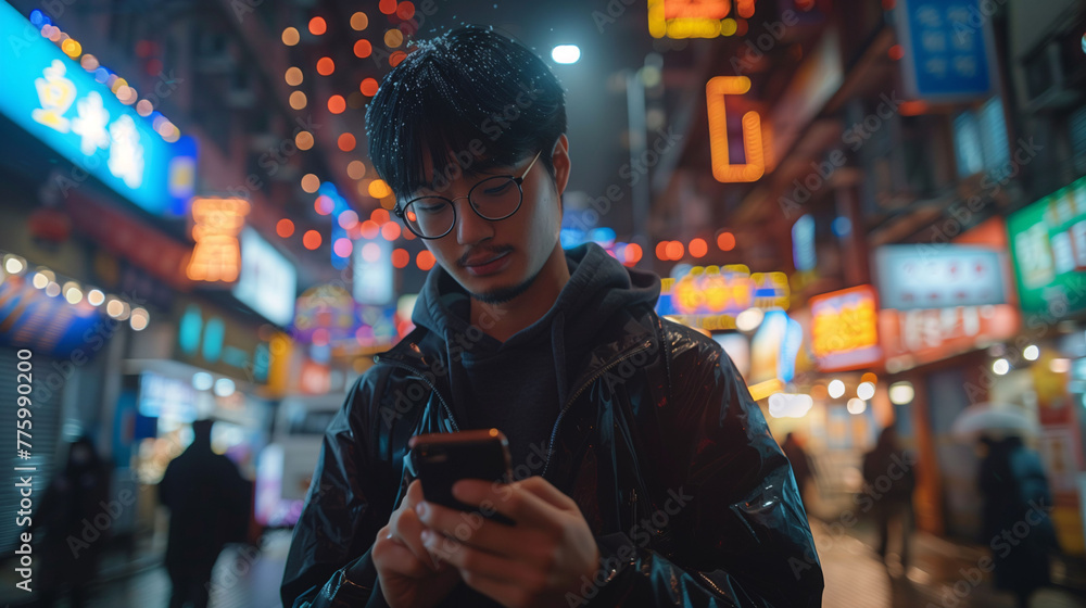 Man using smartphone at night in vibrant city street with neon lights.