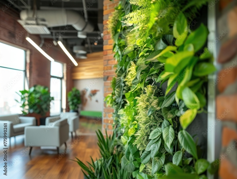 Vertical living wall in a modern office space a variety of vibrant green plants flourishing on an indoor feature wall