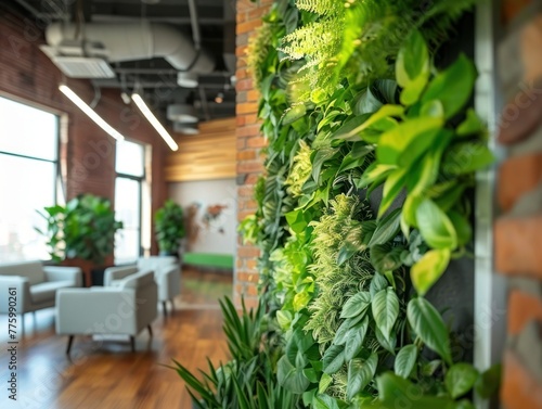 Vertical living wall in a modern office space a variety of vibrant green plants flourishing on an indoor feature wall © Nisit