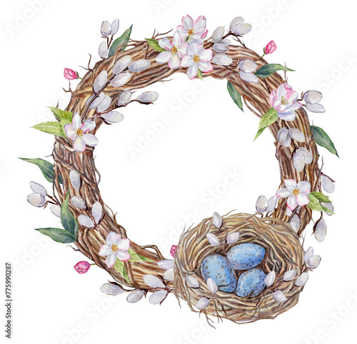 Watercolor Easter wreath with hand-painted illustrations of pussy willow branches, apple blossom flowers, leaves, a twig wreath, and a bird`s nest with blue eggs on a transparent background.  photo