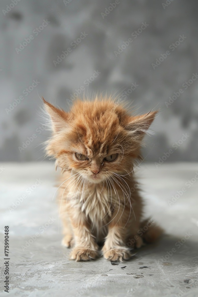 A grumpy ginger kitten seems to squint at the world