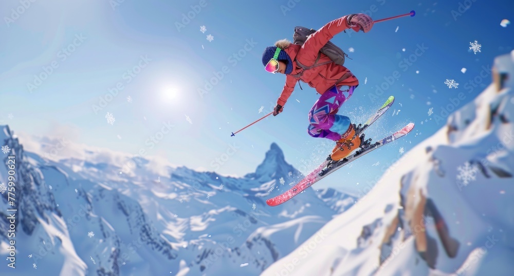 A skier is in mid-air, jumping over a snow-covered mountain and sun is over the background