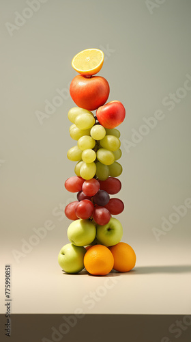 fruit balancing stacking neutral background mindfulness fruitcore empty space on the right