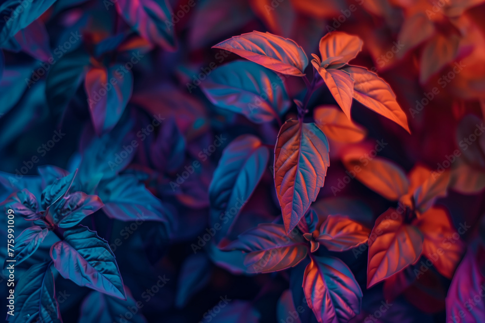 A creative take on basil foliage with blue and purple tones casting a mysterious and artistic feel to the image