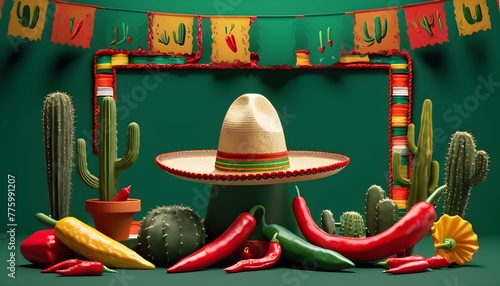 Cinco de Mayo holiday celebration featuring a sombrero, cacti, and chili peppers