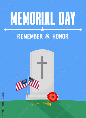memorial day banner with tombstone American flags and red poppies 