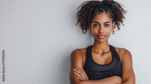 A woman with a top is standing with her arms crossed. Athletic muscular African American woman stands with crossed arms against white background. Advertising banner layout for a gym or fitness trainer