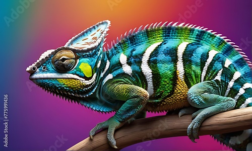 Chameleon Sitting on tree , abstract background  ,Close-up , Portrait , Horizontal ,high resolution, nature, ecology, 3d rendering © Zigma Arts