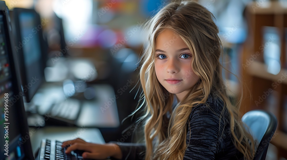 A young girl with blond hair looking at the camera while using a computer in a room with blurred background. A young girl with blond hair looking at the camera while using a computer in a room with blurred background.