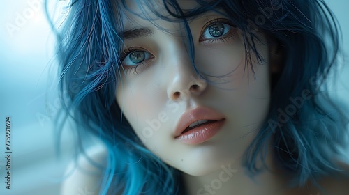 A close-up portrait of a young woman with striking blue hair and captivating eyes highlighted by a gentle, diffused light setting a serene atmosphere. 