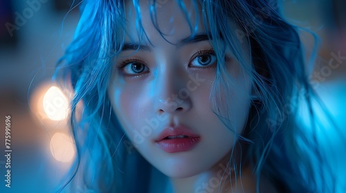 Close-up of a young woman with blue hair and a mesmerizing gaze in a neon-lit environment