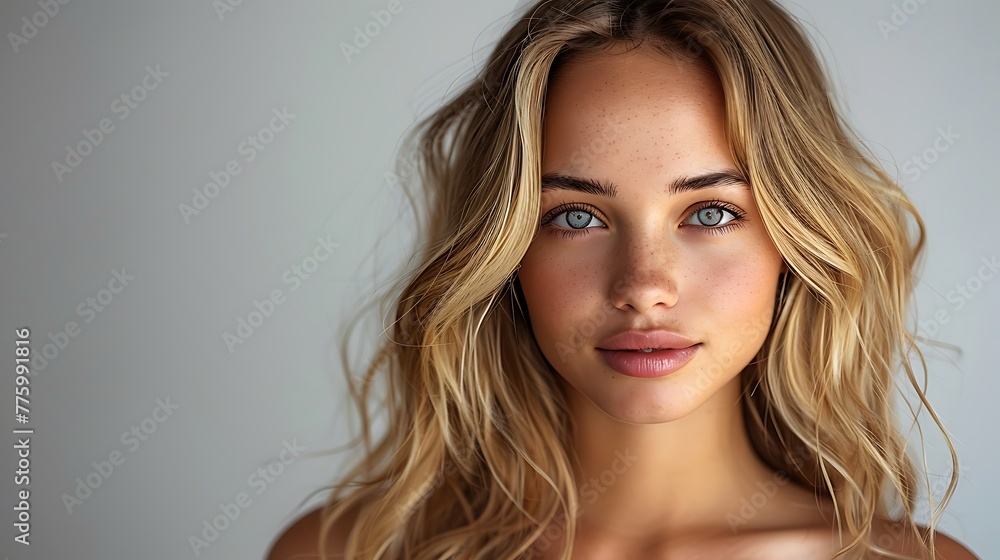 Portrait of a young woman with blond wavy hair and blue eyes against a neutral background, looking at the camera with a subtle smile Portrait of a young woman with blond wavy hair and blue eyes against a neutral background, looking at the camera with a subtle smile