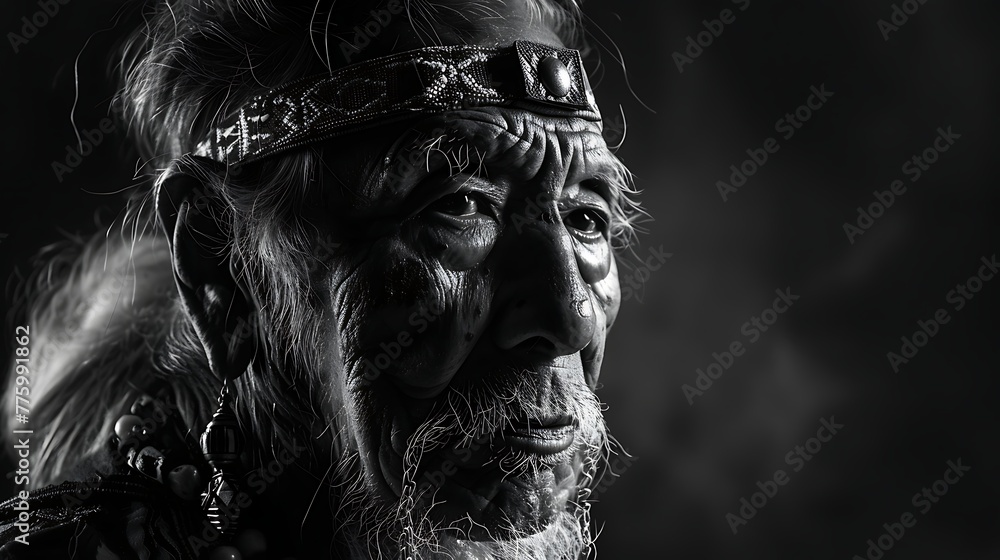 Monochrome portrait of an elder with a weathered expression and traditional headwear gazing into the distance 