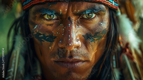 A portrait of a person with intense eyes and traditional tribal face paint looking intently at the camera.  photo