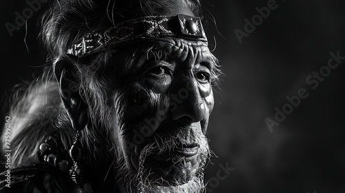 Monochrome portrait of an elder with a weathered expression and traditional headwear gazing into the distance 