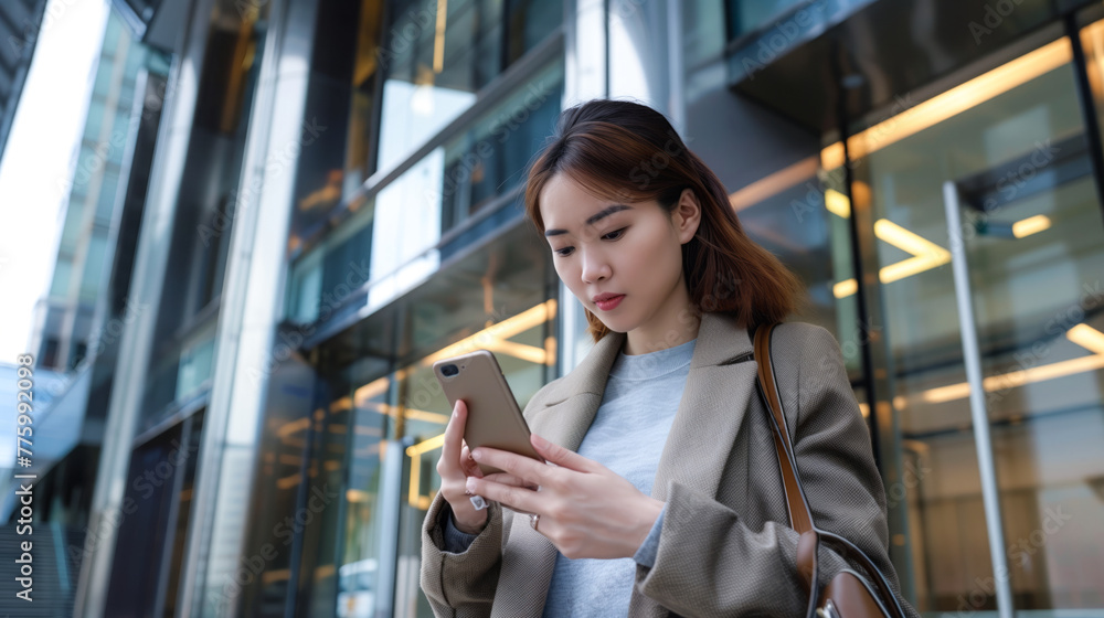 Elegant mid adult woman leisurely texting on her mobile phone as she walks outside a corporate building Elegant mid adult woman leisurely texting on her mobile phone as she walks outside a corporate building