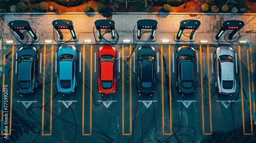 An aerial perspective directly above a motorway, capturing electric cars in the act of charging