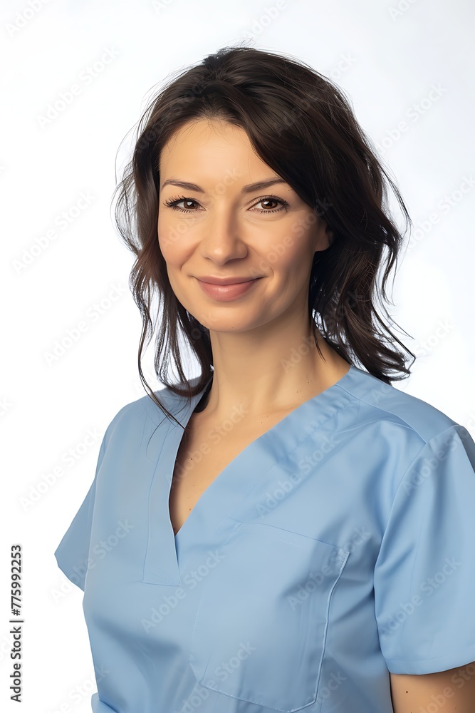 A confident healthcare professional woman smiling in a light blue scrub against a white background. A confident healthcare professional woman smiling in a light blue scrub against a white background.