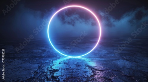 An abstract geometric shape circle. Neon blue light.