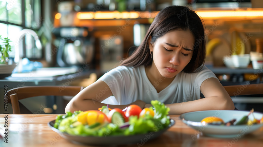 A young Asian woman adhering to a healthy diet experiences stomach discomfort, resisting the temptation of brunch food on a home table while patiently waiting for the designated time to eat her salad